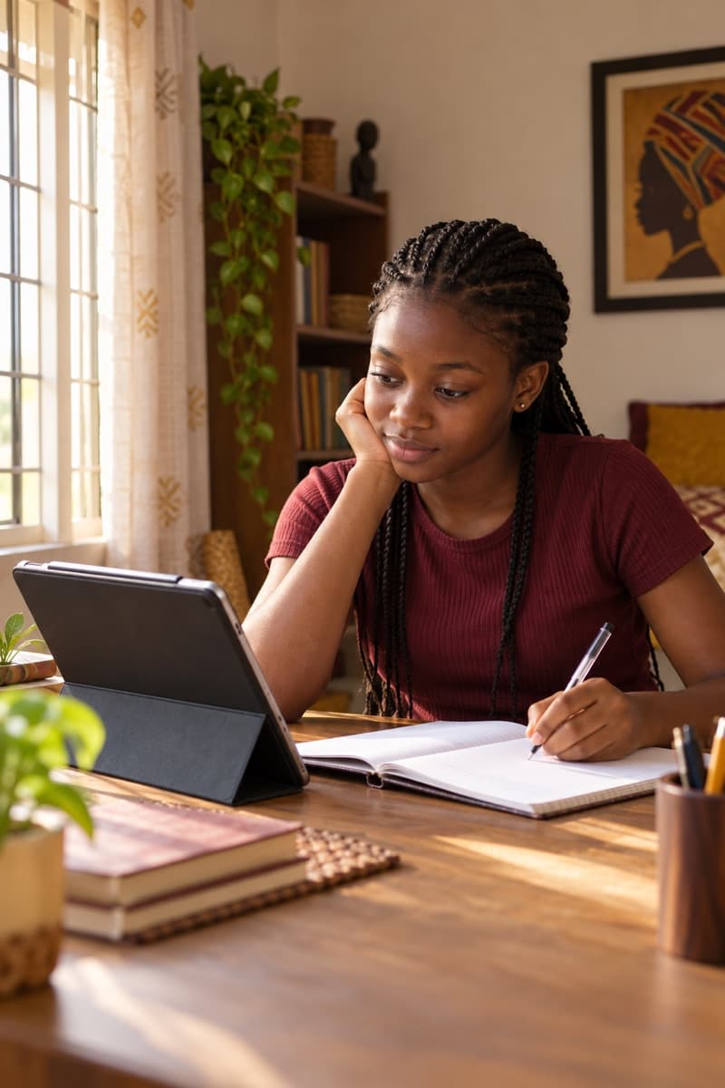 A student learning at home with a tablet and notebook